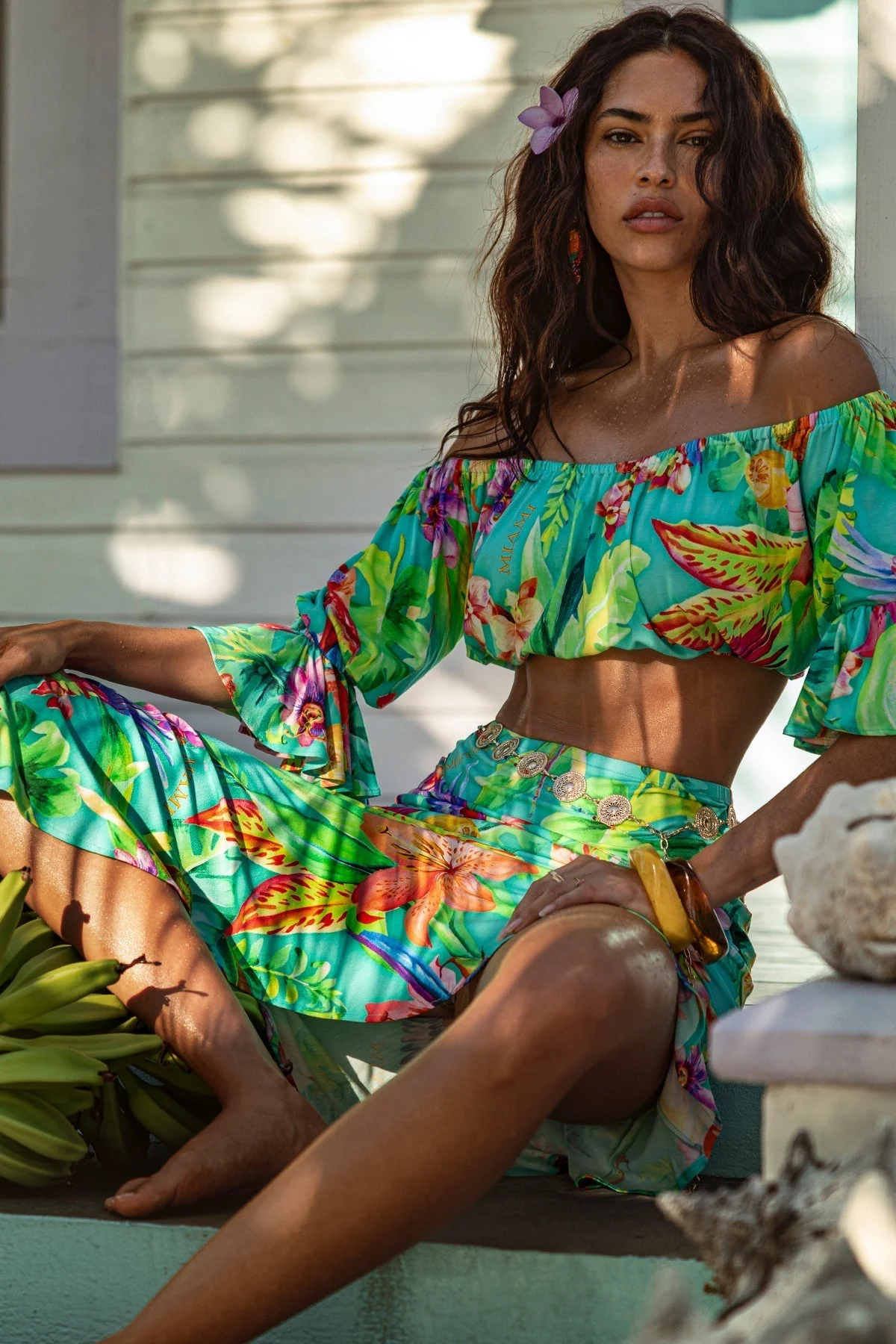 CARIBBEAN FANTASY - Off The Shoulder 3/4 Ruffless Sleeve Crop Top - Image 5