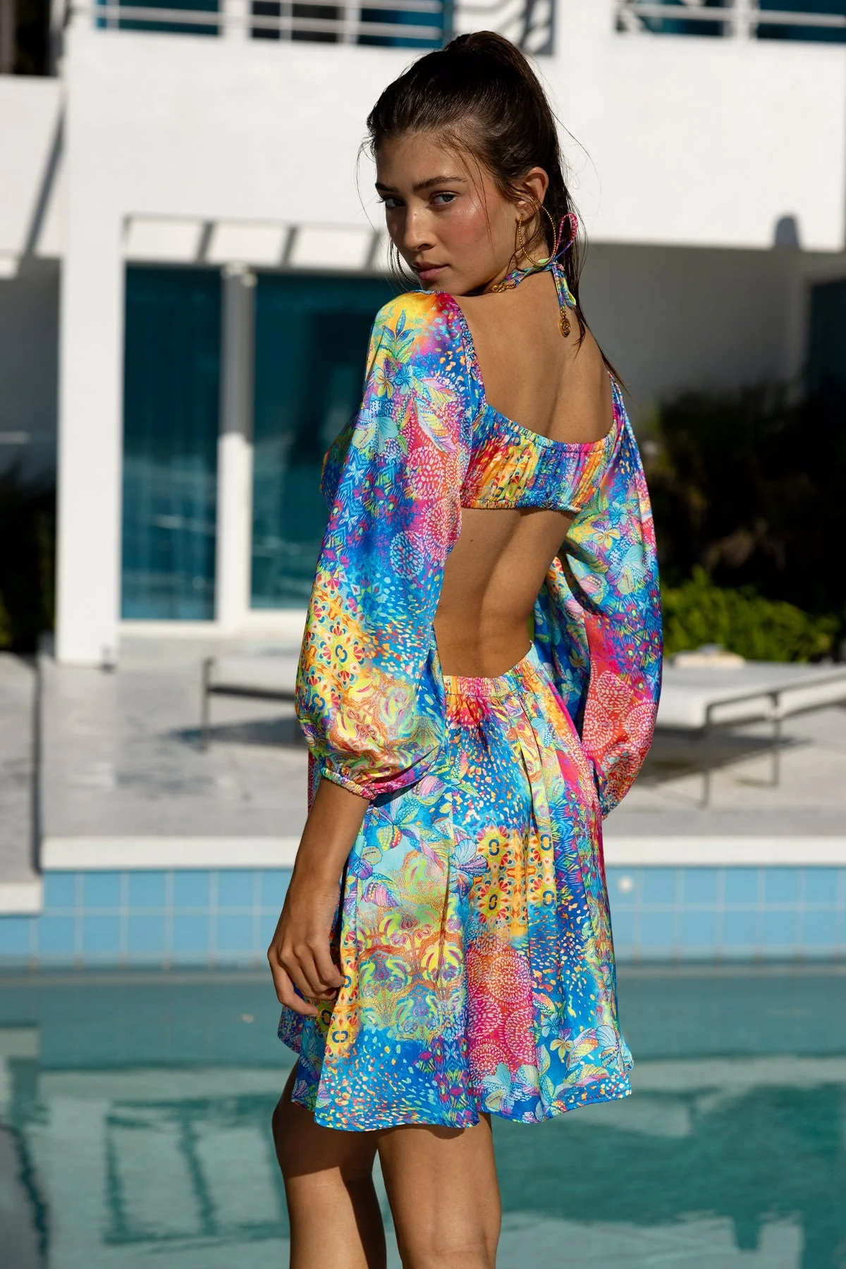 DECO GARDENS - Halter Long Sleeve Cut Out Short Dress - Image 4