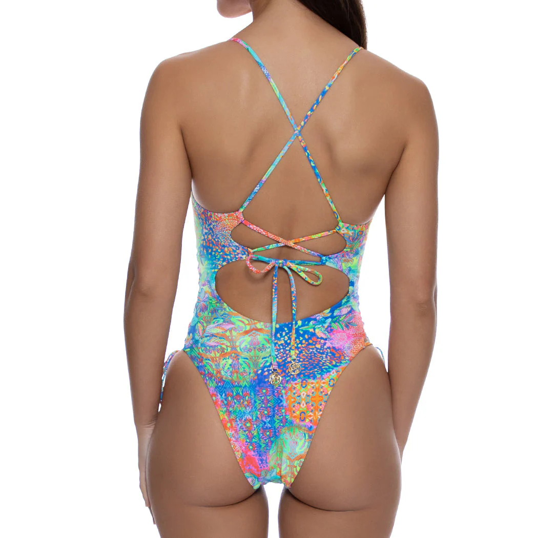DECO GARDENS - Square Neck Laced Up One Piece - Image 3