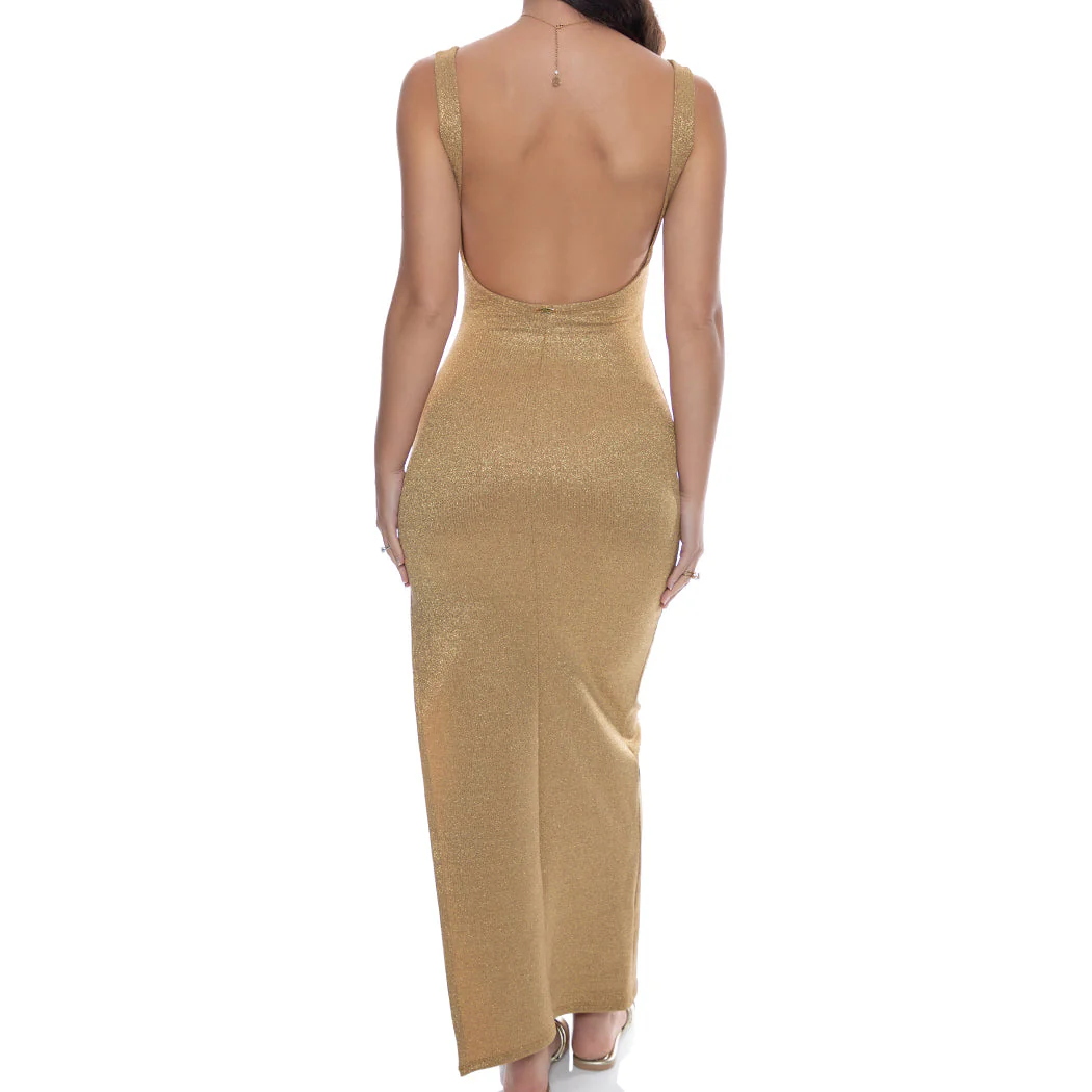 GOLDEN SUNSET - Drawstring Peek A Boo Maxi Dress - Image 5