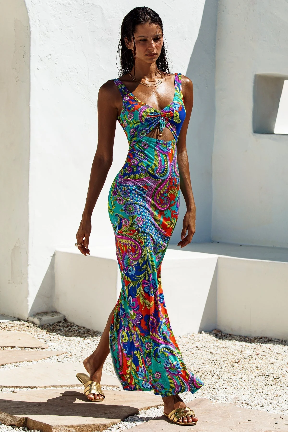 IN THE GROOVE - Drawstring Peek A Boo Maxi Dress
