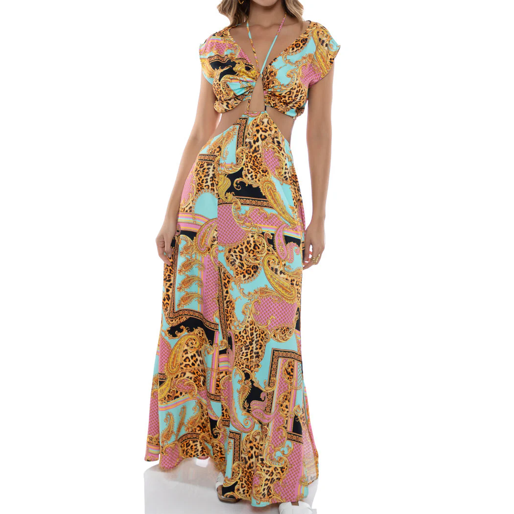 MIAMI DAYDREAM - Halter Drawstring Cut Out Maxi Dress - Image 2