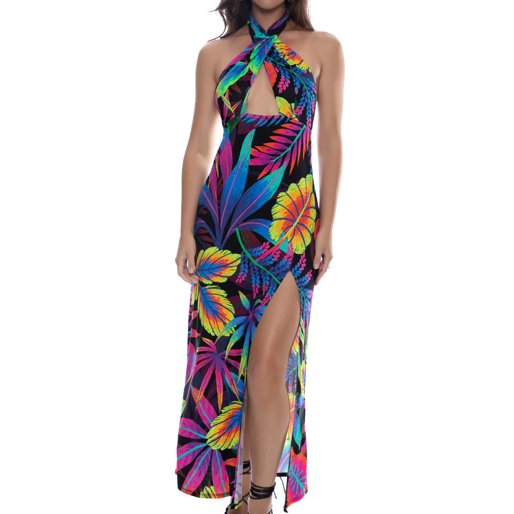 NEON NIGHTS - Halter Neck Cut Out Long Dress - Image 2