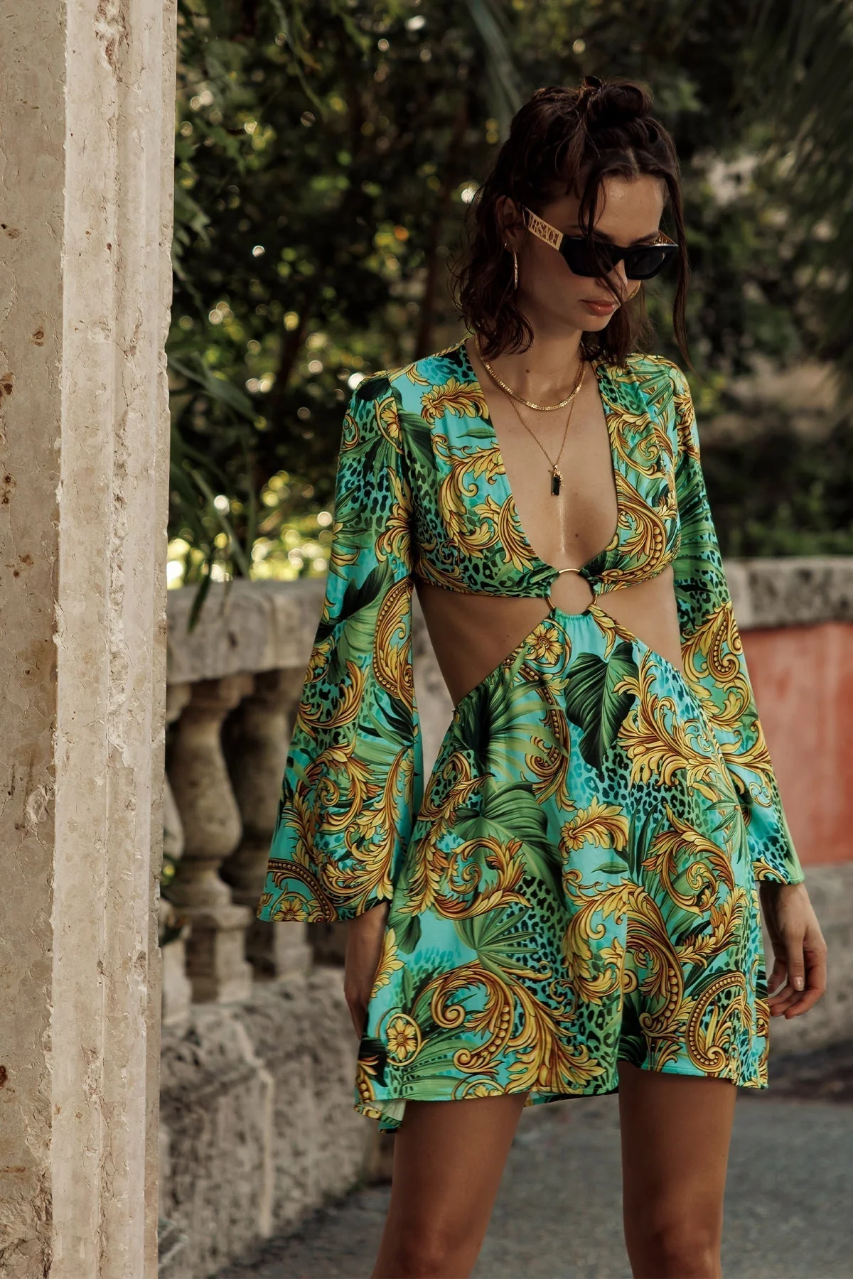 PALM ISLAND - Deep V Ring Cut Out Short Dress