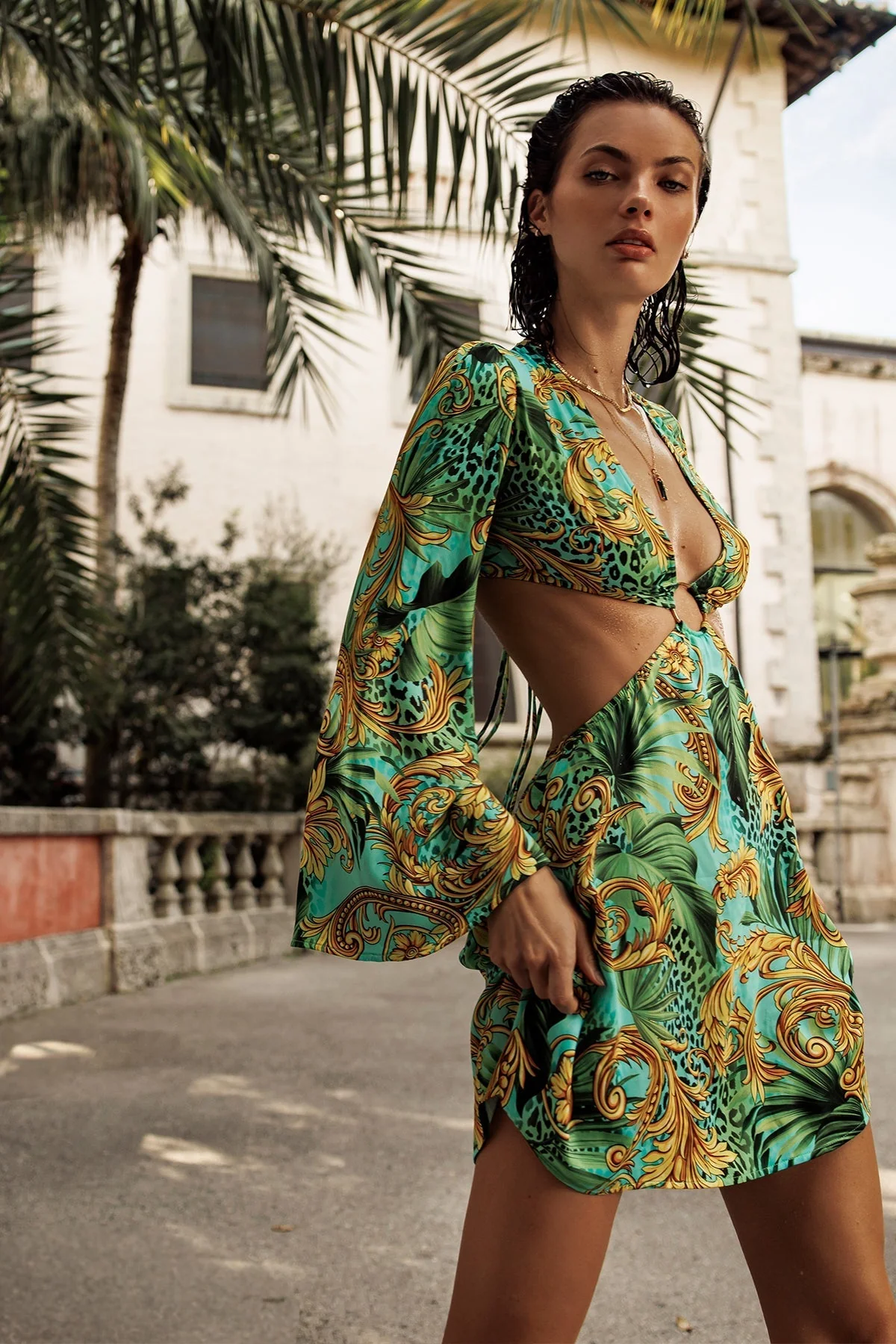 PALM ISLAND - Deep V Ring Cut Out Short Dress - Image 4