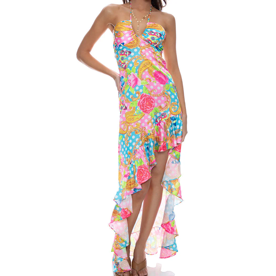 SHE'S CUTE - Drawstring Halter Asymmetrical Ruffle Dress - Image 2