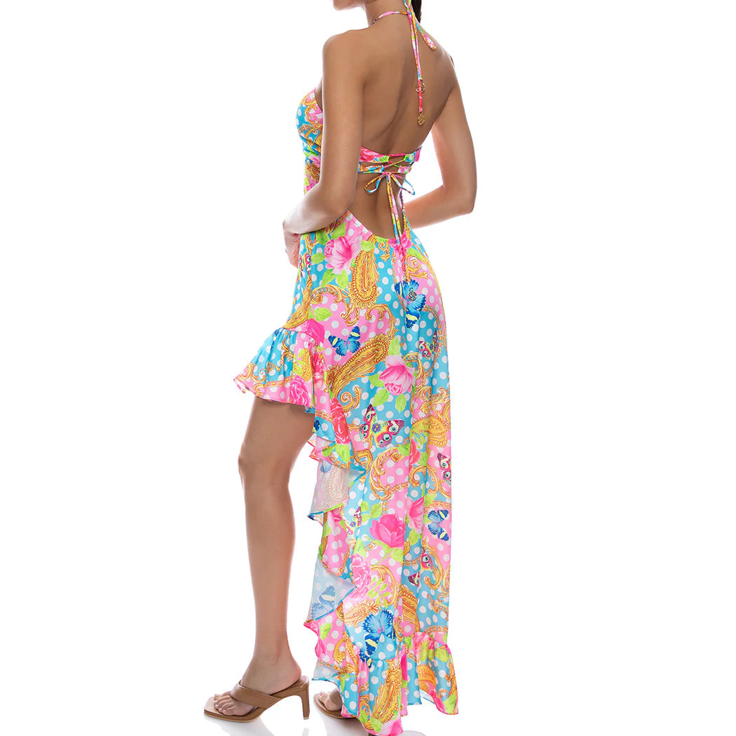 SHE'S CUTE - Drawstring Halter Asymmetrical Ruffle Dress - Image 3