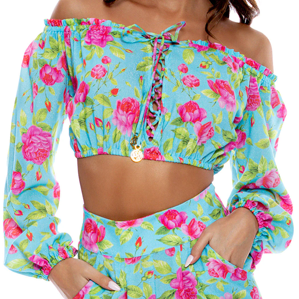 TI AMO - Ruffle Laced Up Open Shoulders Crop Top - Image 2