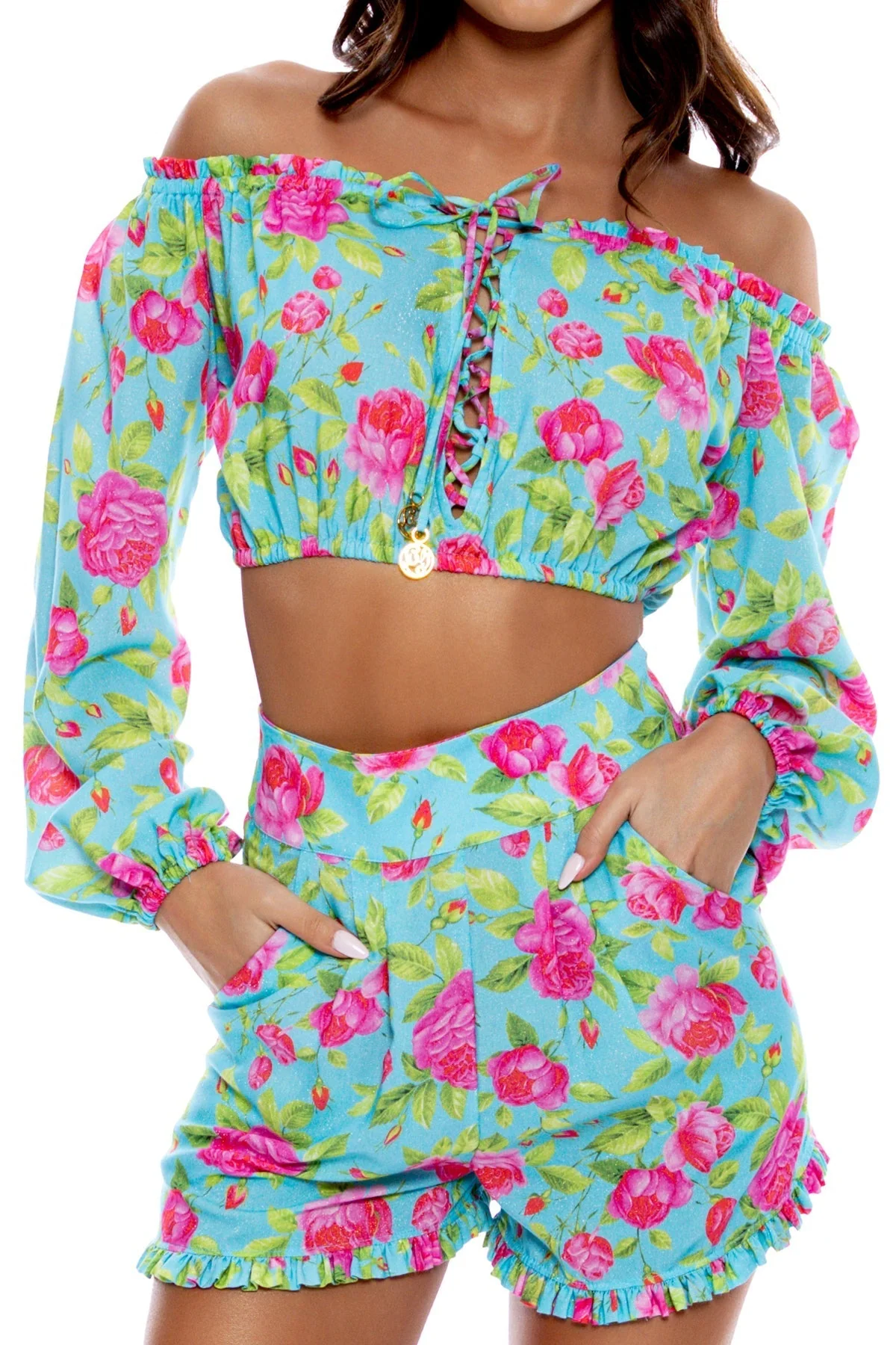 TI AMO - Ruffle Laced Up Open Shoulders Crop Top - Image 6