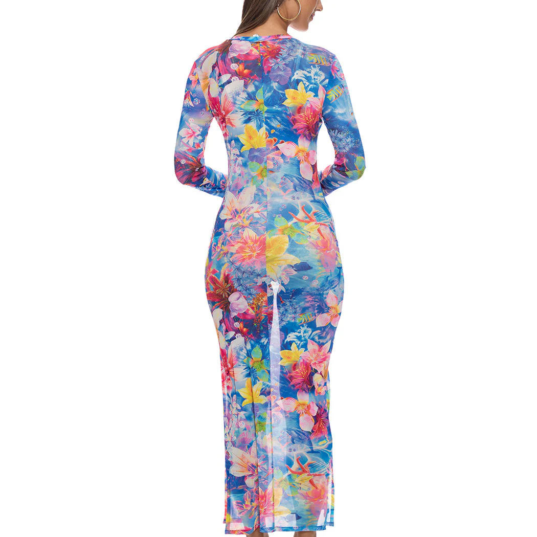UNDERWATER DREAMING - V Neck Long Sleeve Maxi Dress - Image 3