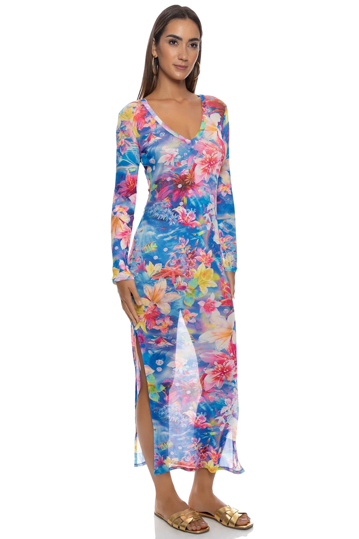 UNDERWATER DREAMING - V Neck Long Sleeve Maxi Dress - Image 4